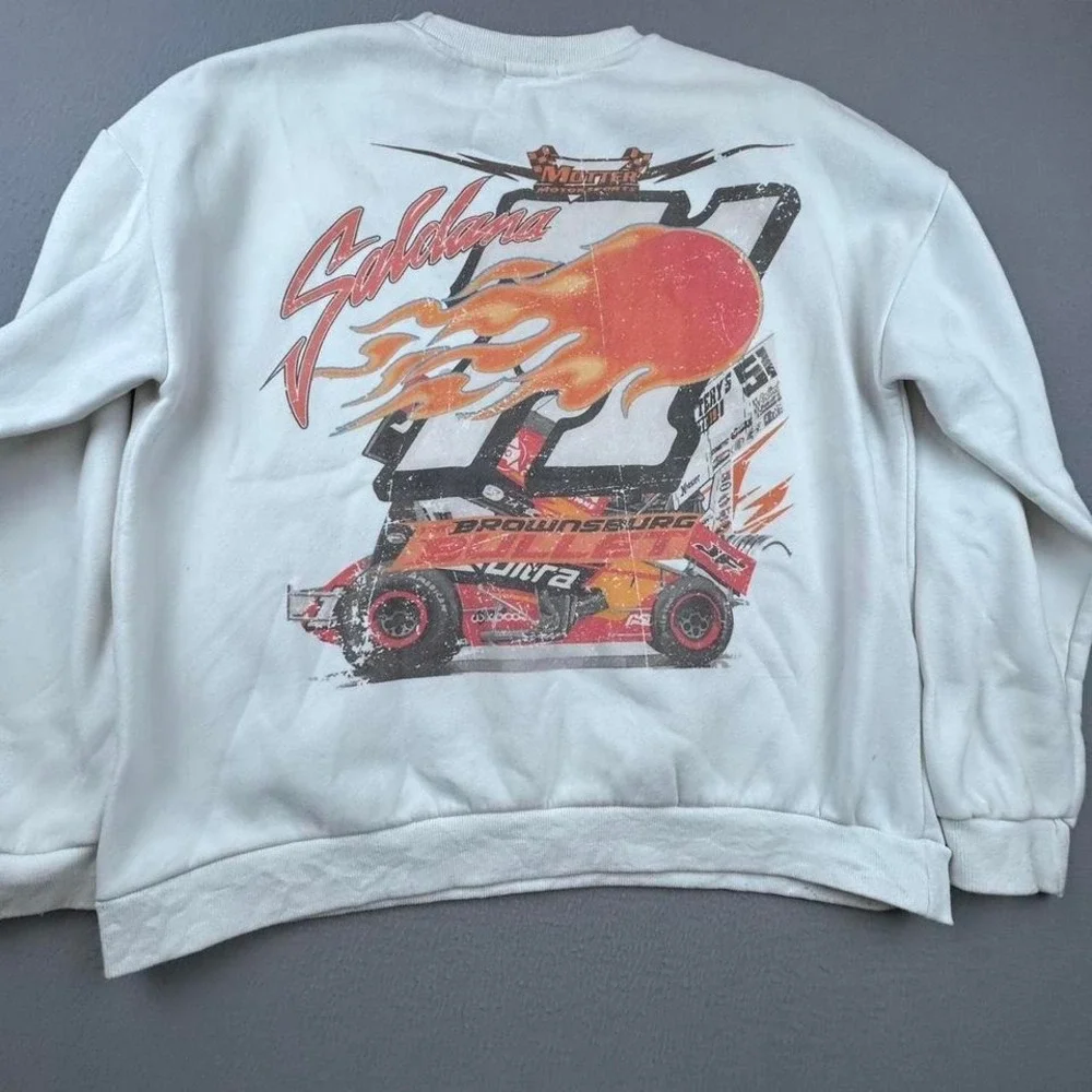 White Orange Racing Fireball Y2K NASCAR Grunge Skater Sweatshirt XL - Picture 5 of 8